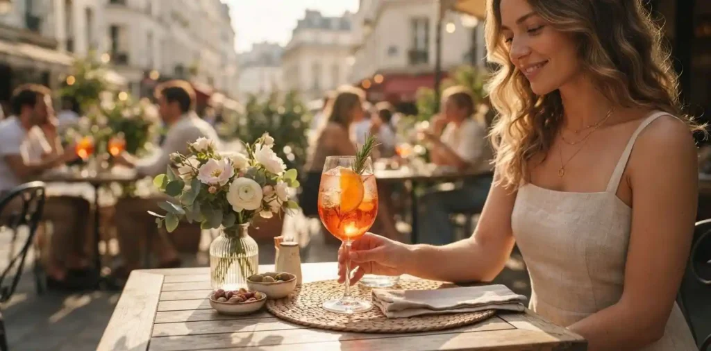 Elegant cocktail beside flowers on a sunlit table