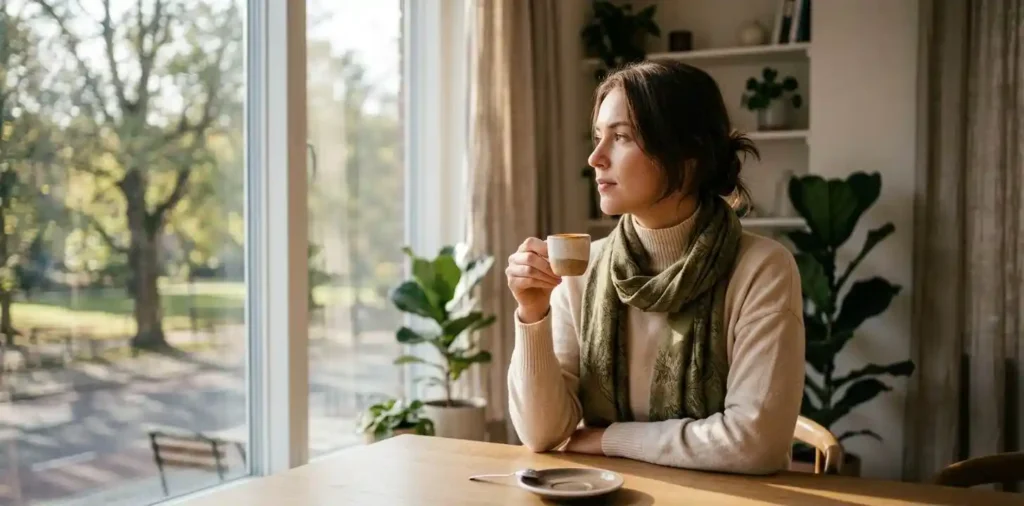 Woman enjoying espresso beside a sunlit window