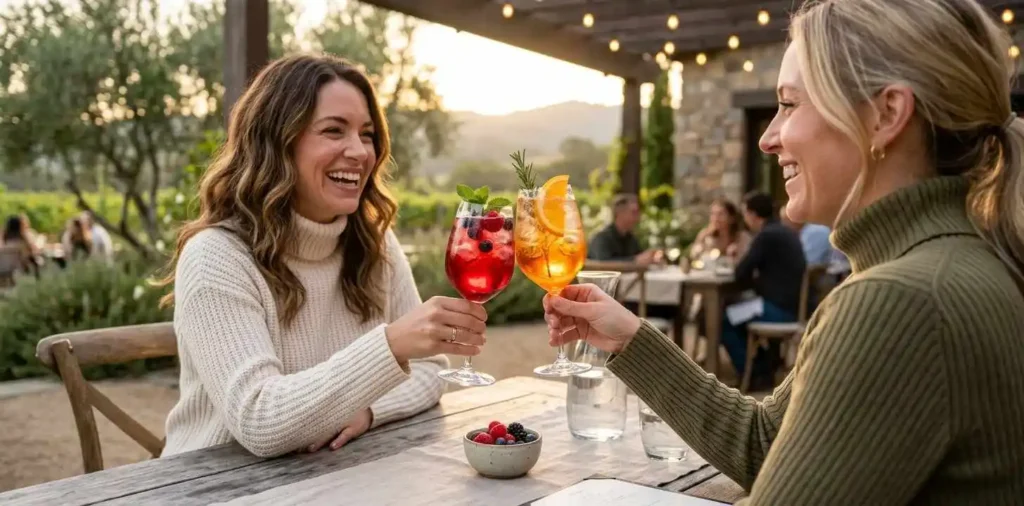 Friends enjoying colorful alcohol-free drinks at sunset