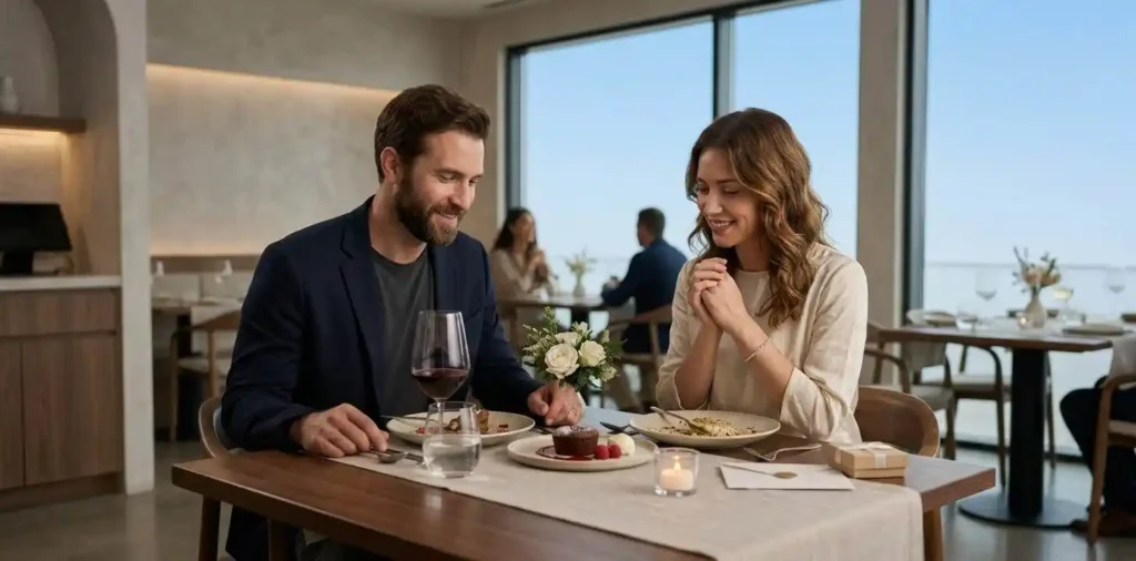 Couple celebrating anniversary over elegant dinner
