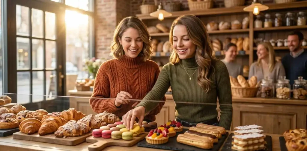 Friends choosing fresh pastries inside a bakery