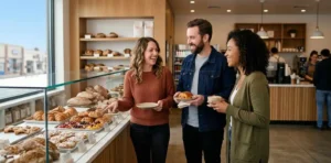 Friends enjoying fresh pastries inside modern bakery
