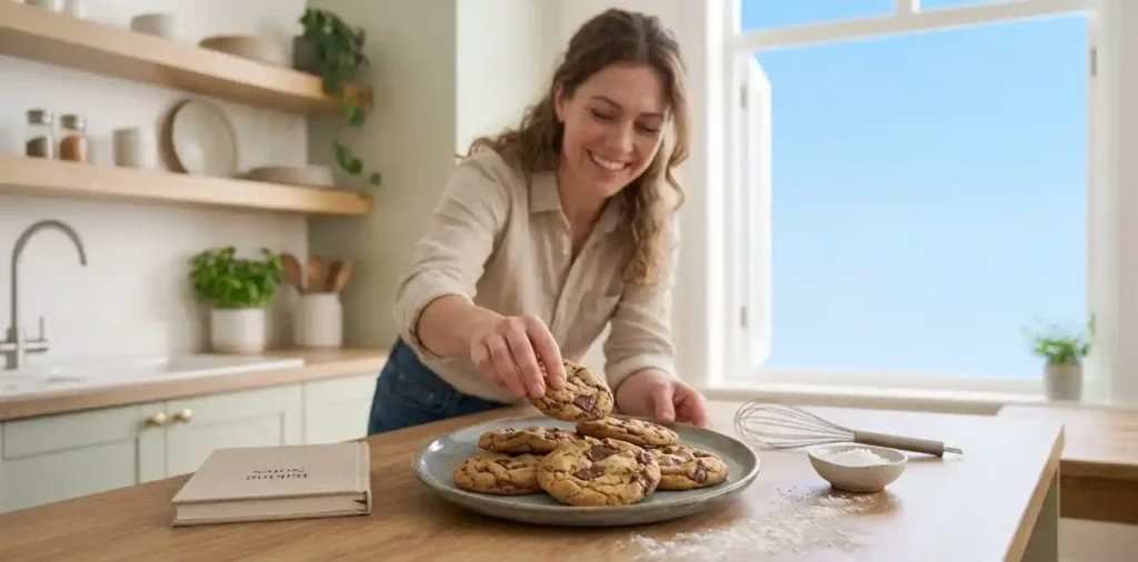 Fresh cookies arranged on kitchen counter