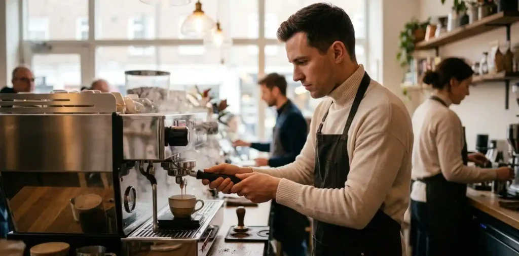Barista preparing fresh espresso behind café counter