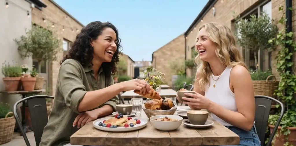 Best friends laughing over brunch and coffee