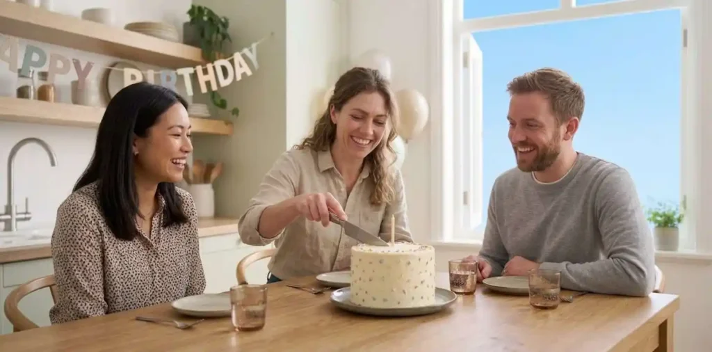 Woman celebrating birthday with decorated cake