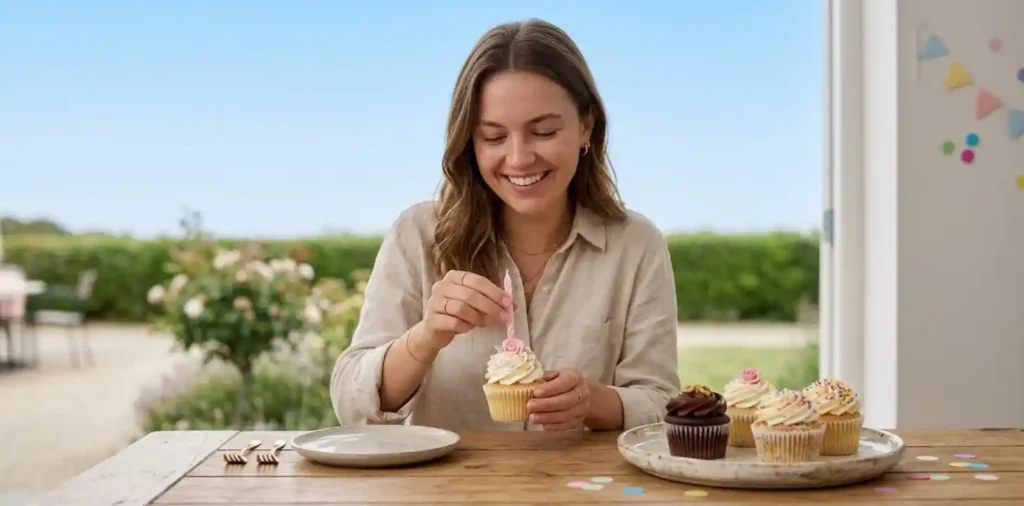 Woman holding a decorated birthday cupcake