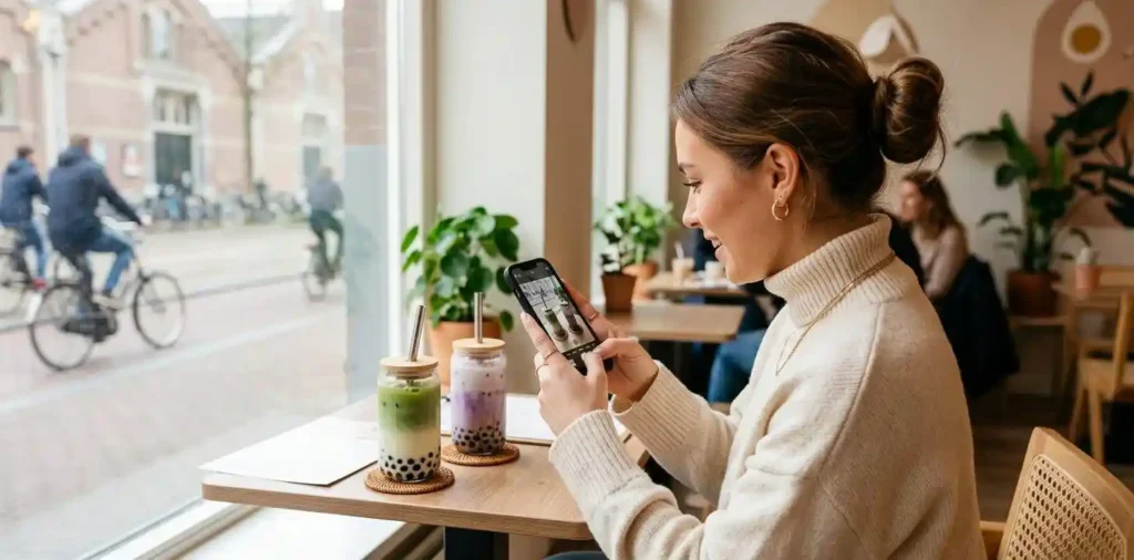Woman photographing colorful boba drinks at café