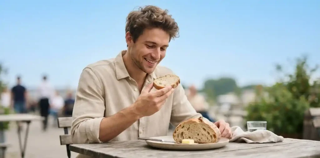 Man enjoying fresh bread at outdoor table