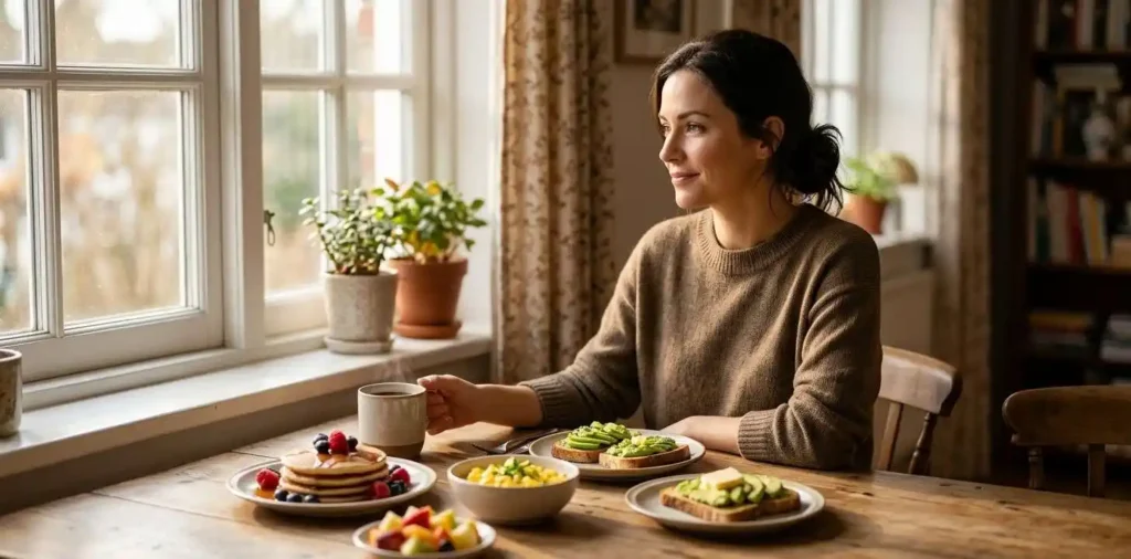 Woman enjoying breakfast beside a sunny window
