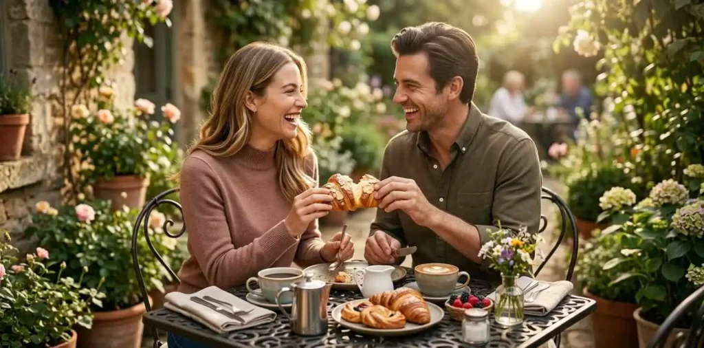 Couple sharing breakfast at a charming outdoor café