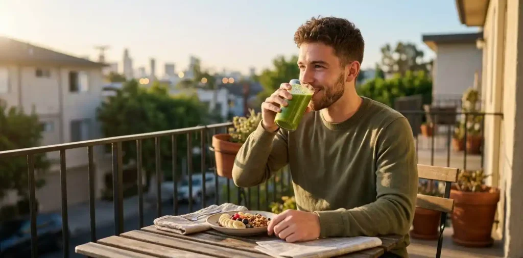 Man drinking fresh smoothie during morning breakfast