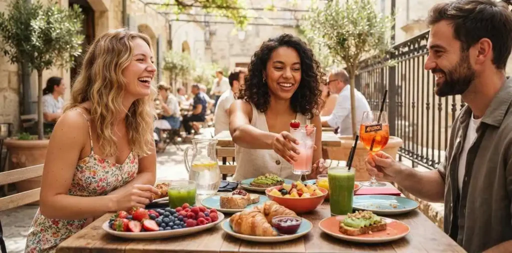Friends enjoying refreshing drinks during a sunny brunch