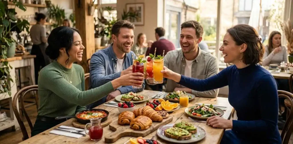 Friends sharing colorful mocktails at weekend brunch