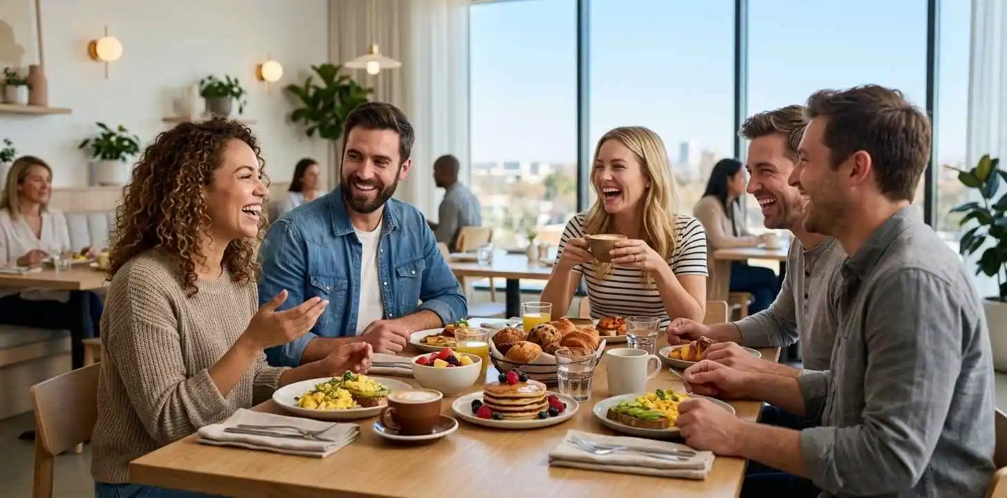 Friends enjoying relaxed brunch together at restaurant
