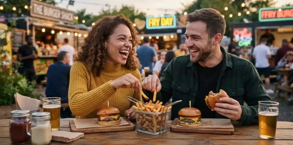 Friends sharing burgers and crispy fries outdoors