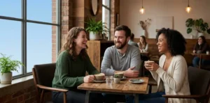 Friends relaxing together inside cozy modern café