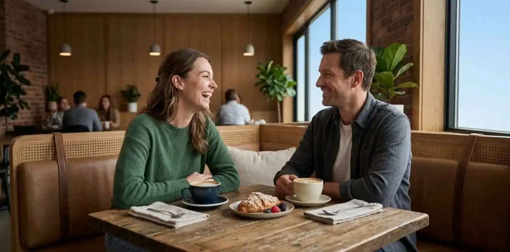 Couple enjoying coffee together at cozy café