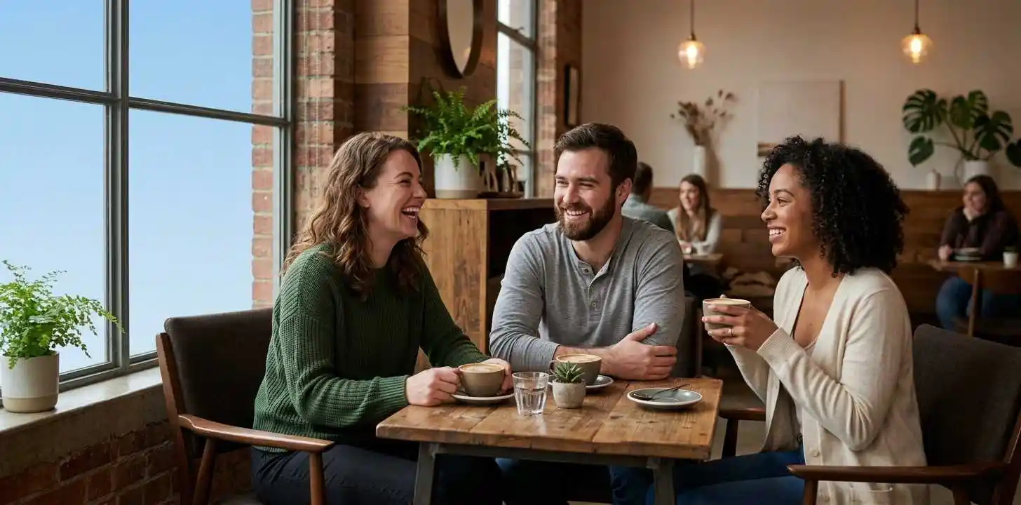 Friends relaxing together inside cozy modern café
