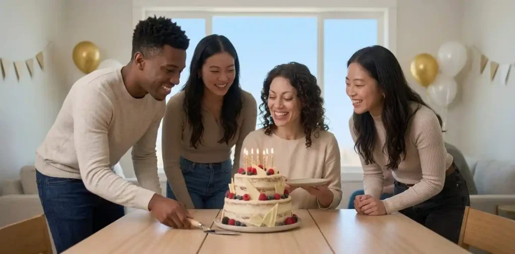 Friends gathering around a celebration cake