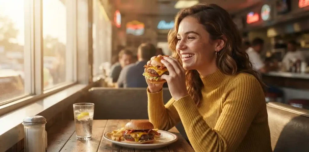 Woman enjoying a juicy cheeseburger at a diner