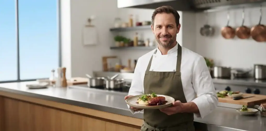 Chef proudly holding a finished plated dish