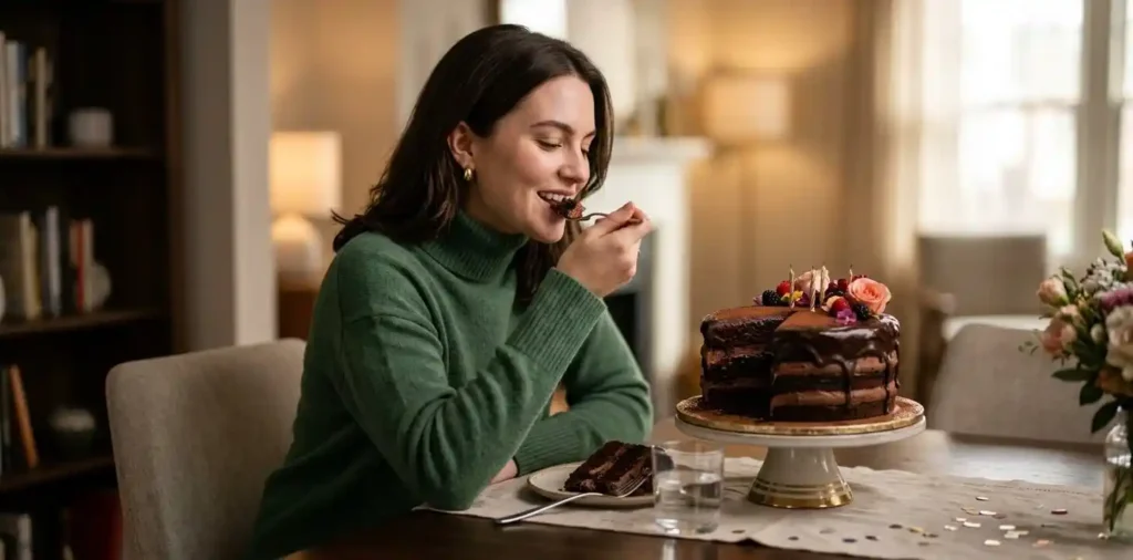 Woman enjoying a slice of chocolate cake