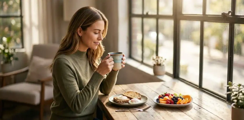 Woman enjoying coffee and breakfast by a sunny window
