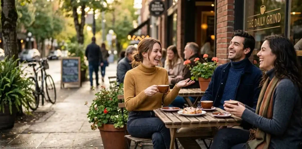 Friends laughing together over coffee outdoors