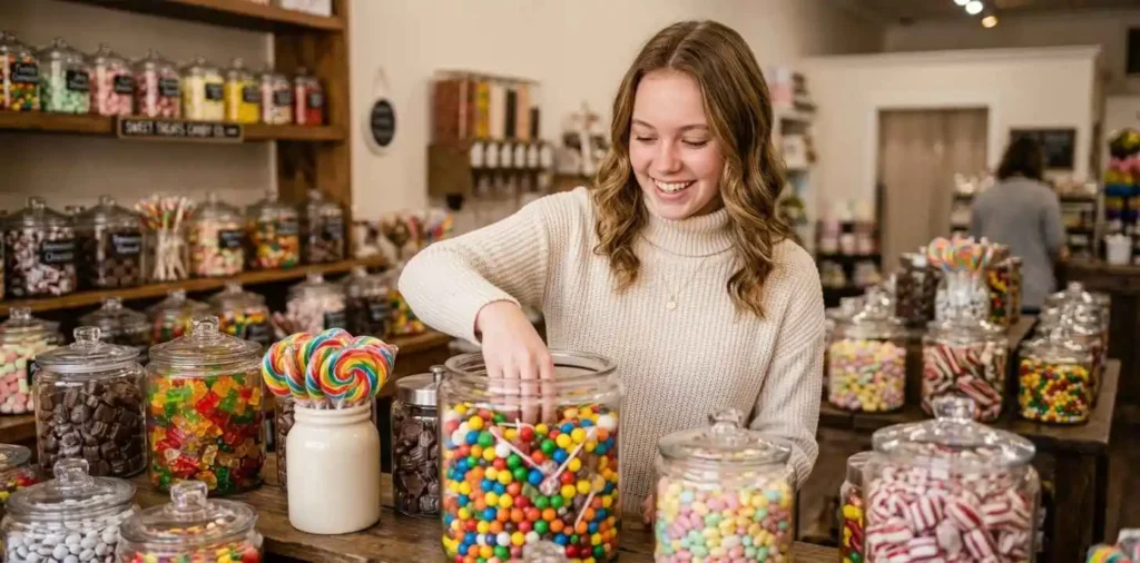 Woman choosing colorful candy from glass jars