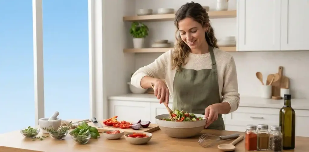 Woman chopping fresh vegetables in kitchen