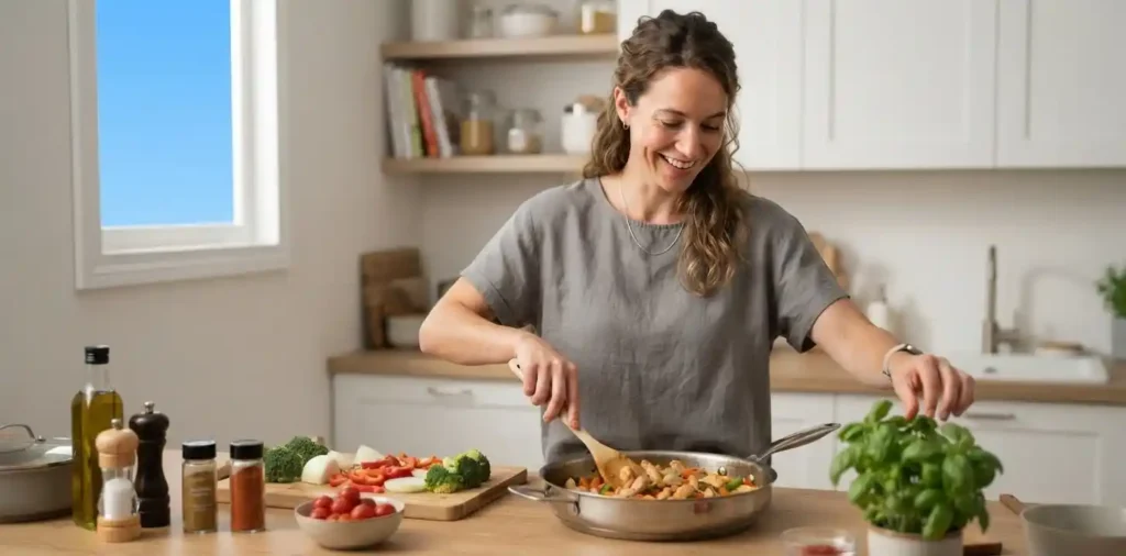 Woman cooking fresh food in home kitchen