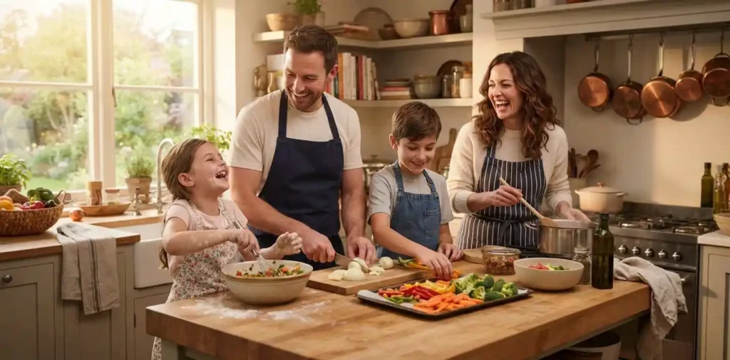 Family laughing together while preparing food in the kitchen