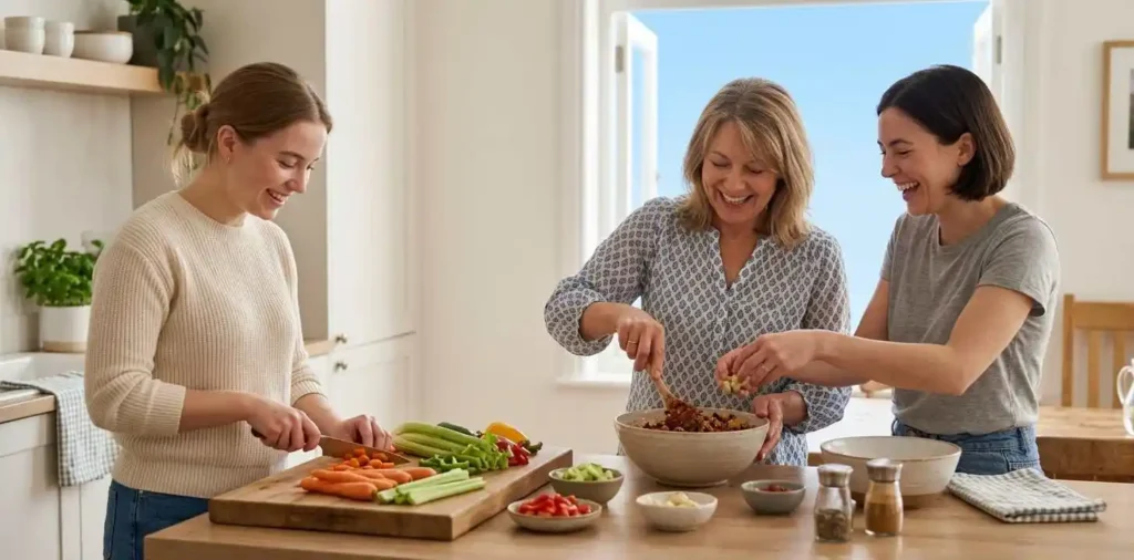 Family cooking together in a bright kitchen