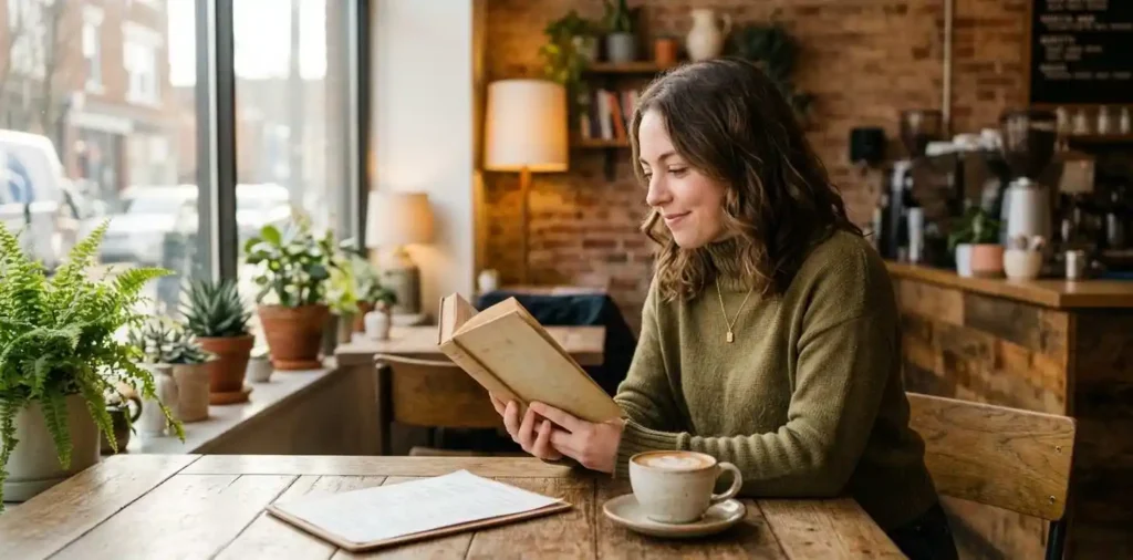 Woman reading beside coffee in cozy cafe