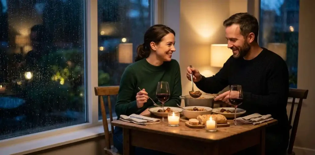 Couple enjoying a cozy candlelit dinner