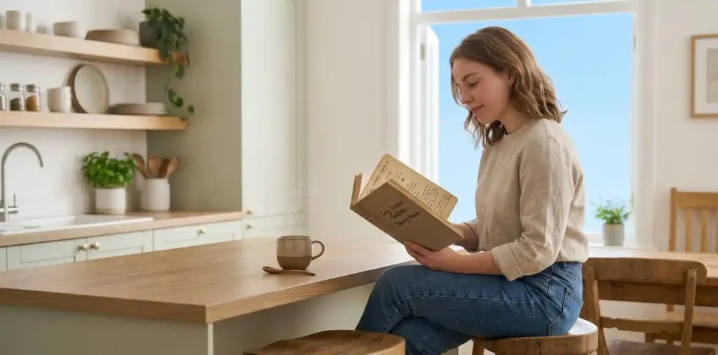 Woman relaxing in a cozy home kitchen