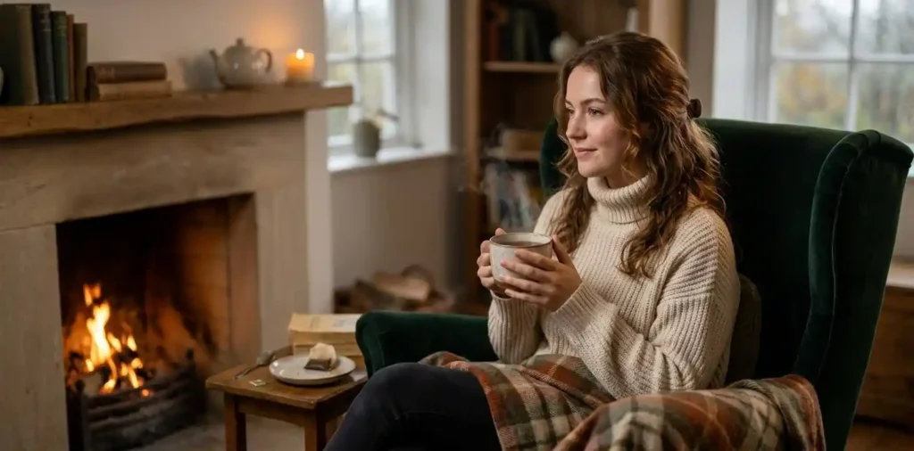 Woman enjoying tea beside a fireplace