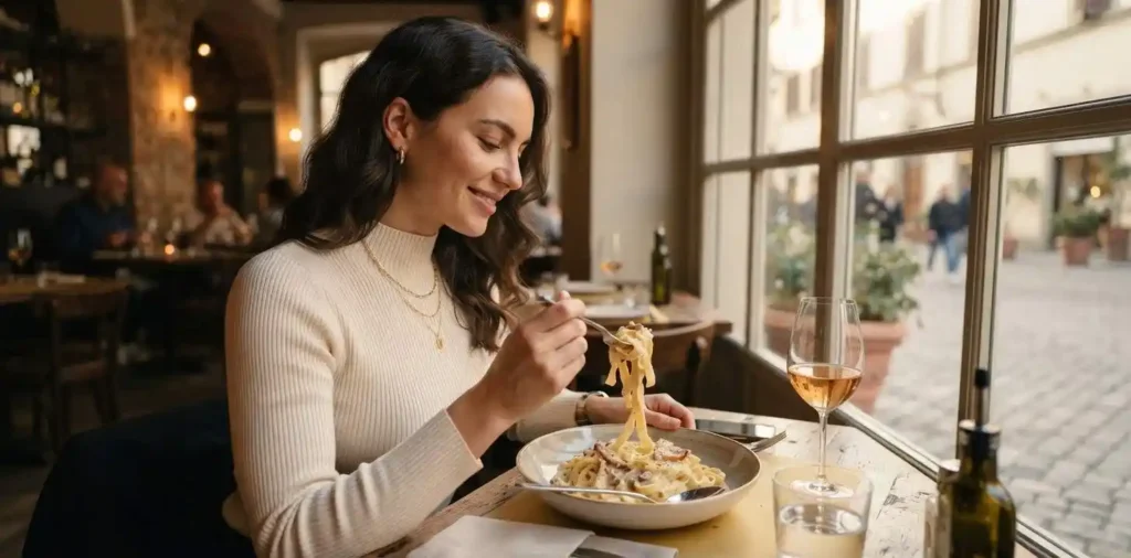 Woman enjoying creamy pasta beside a window