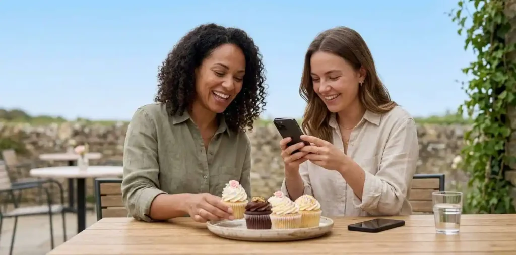 Friends photographing colorful cupcakes outdoors