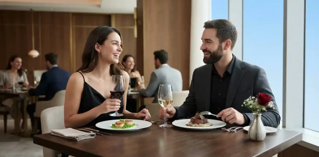 Couple sharing romantic dinner at elegant restaurant