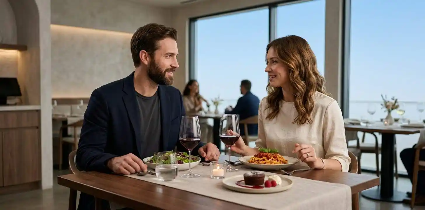 Couple enjoying romantic dinner together at restaurant