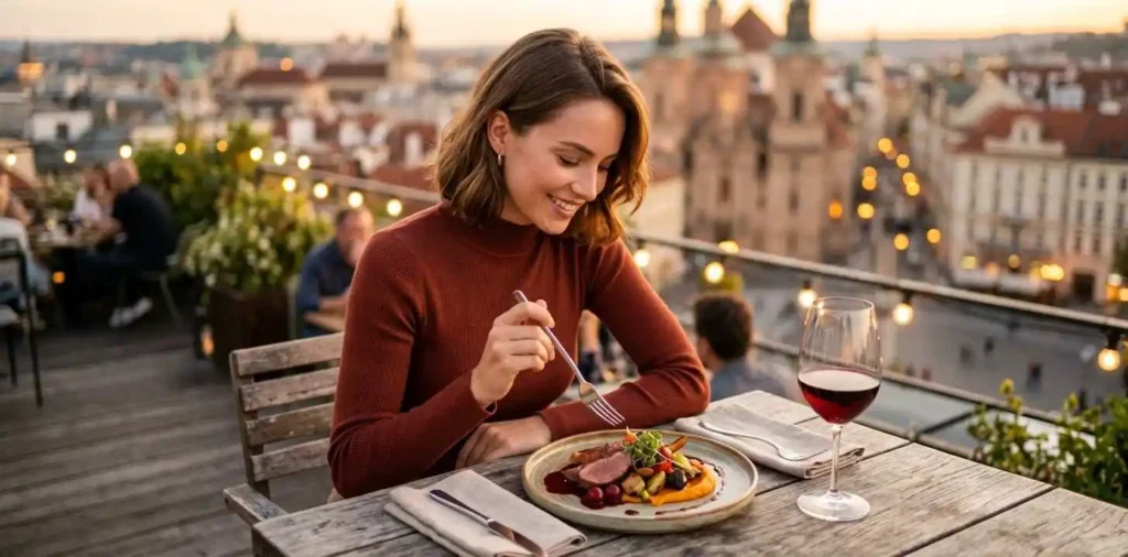 Woman enjoying a colorful gourmet meal outdoors