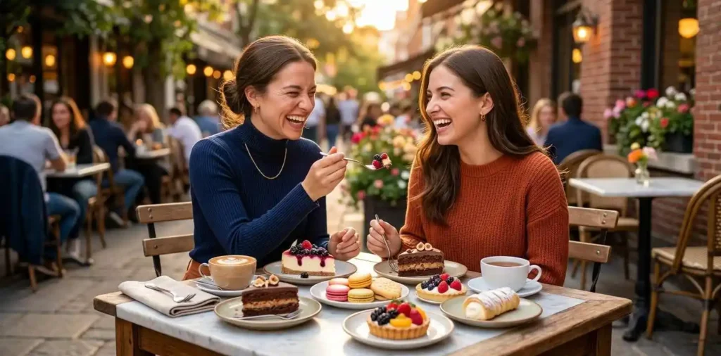 Friends sharing colorful desserts at an outdoor café