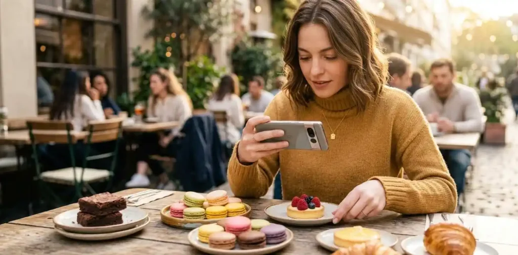 Woman photographing colorful desserts on a café table