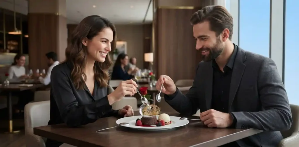 Couple sharing dessert during romantic date