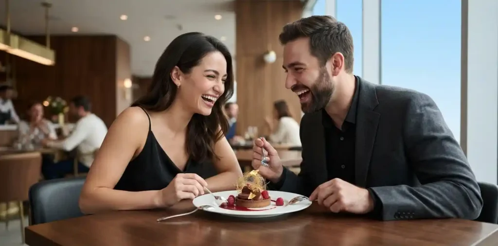 Couple sharing dessert at restaurant table