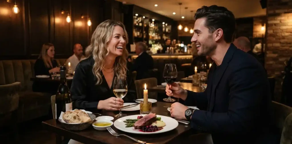 Couple enjoying dinner at a stylish candlelit restaurant