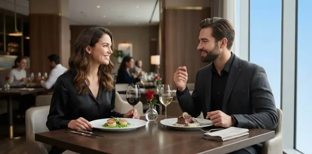Couple talking during romantic restaurant dinner