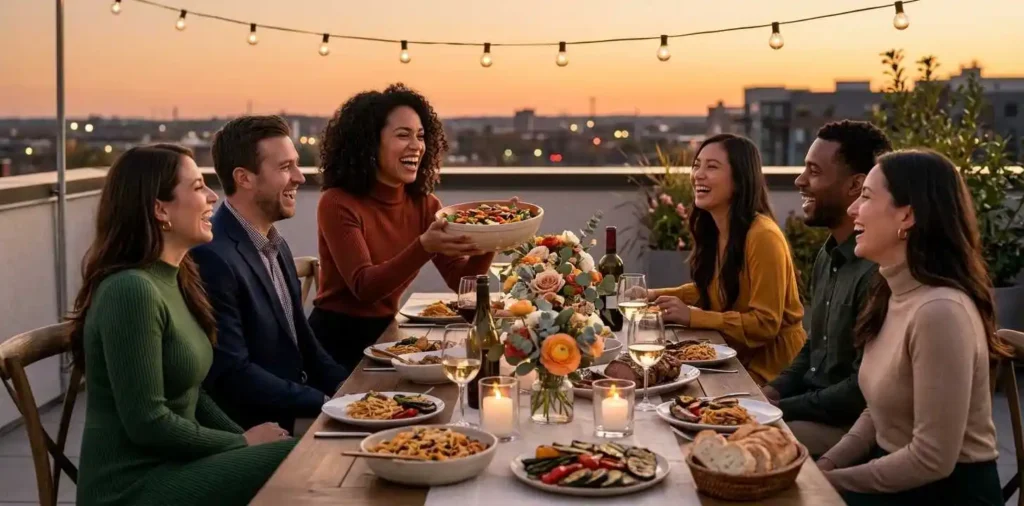 Friends laughing together around an elegant dinner table